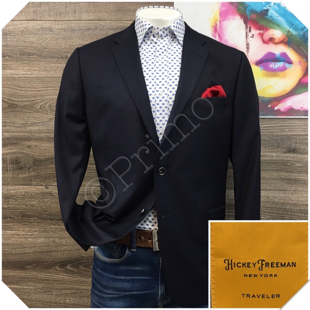 HICKEY FREEMAN Mens Navy Blazer Sport Coat Casual Jacket Size 46R Wool Suit USA